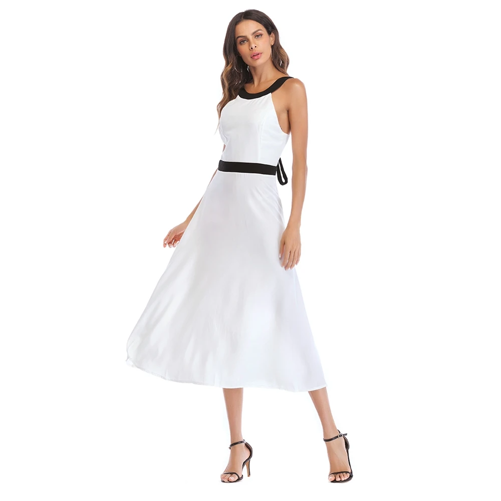 Летнее элегантное женское платье черно белое длинное Бандажное Без рукавов с