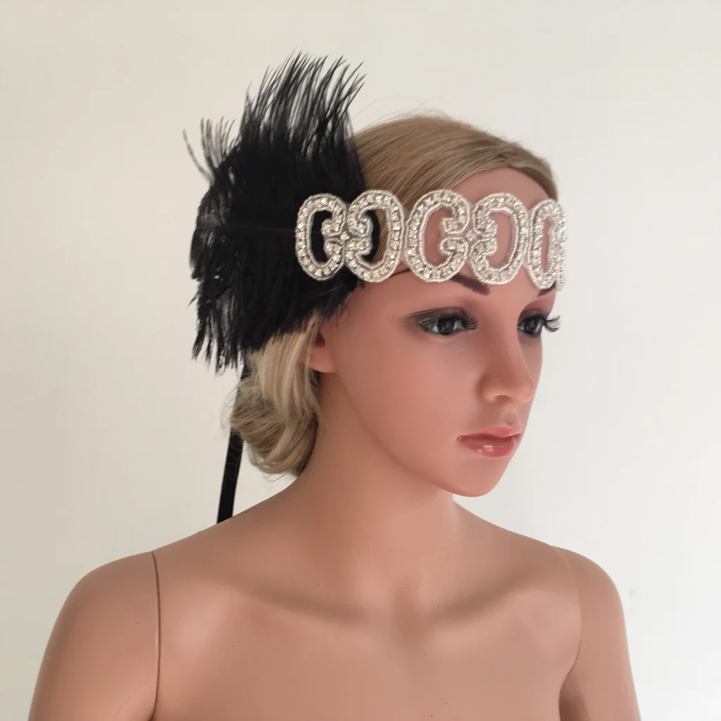 Женские 1920s Charleston повязка для волос с перьями стразы аксессуары для костюма