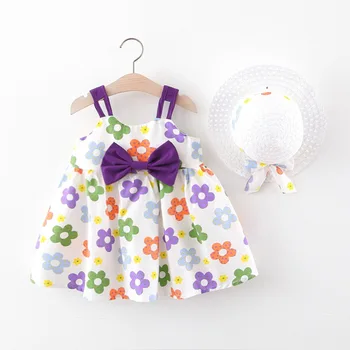

Summer Baby Girls Sleeveless Floral Print Bow Holiday Beach Cute Pleated Dress Kids Infant Dresses + Sunhat vestidos