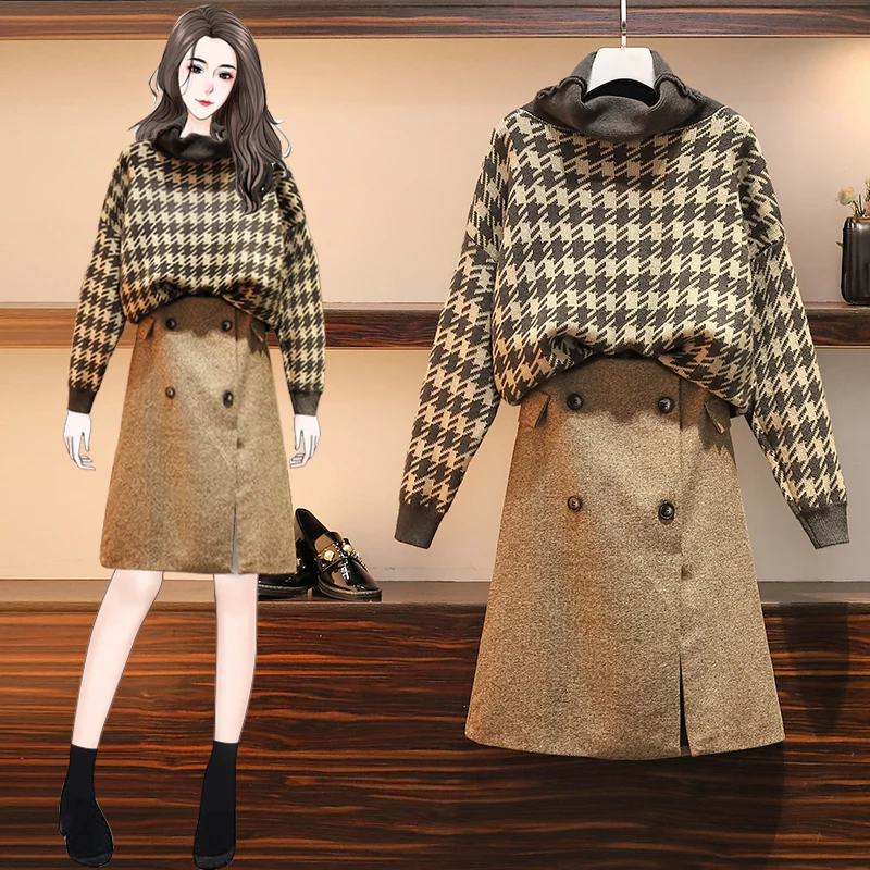 Big Yards Winter Sweet Turtleneck Knit Sweater Tweed Skirt Leisure Suits Two Pcs Clothing Set Knitwear Women Outfit Pullover Top |