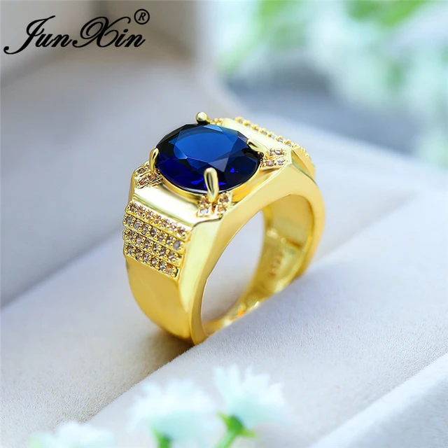 Gold Plated Stainless Steel Blue Stone Ring for Men Women Wedding Gift Size  7-11 | eBay