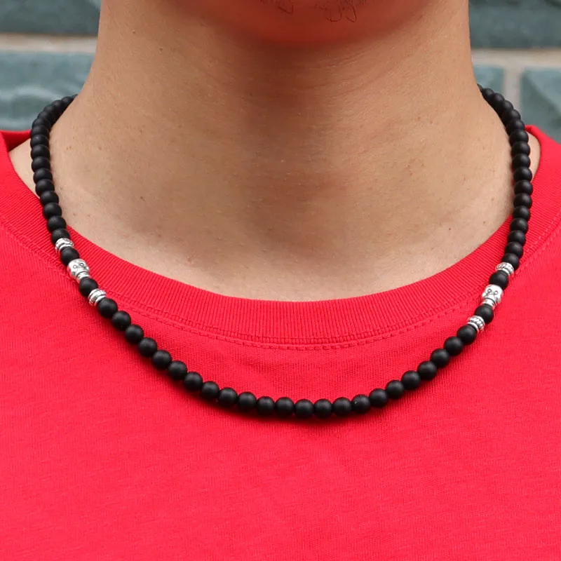 Neue Punk Männer Schädel Halsketten 6mm Naturstein Colar Freizeit zubehör 19 Zoll langen Kragen Geschenk für ihn Tigeraugen ожерелье – Detail 3