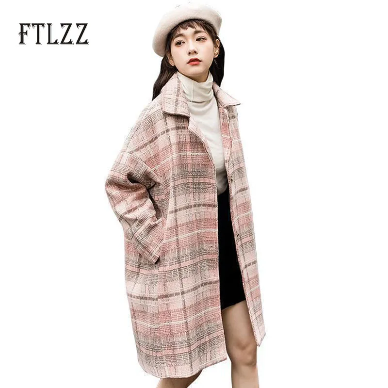 Новинка, весенне-осеннее винтажное шерстяное пальто в клетку, женское повседневное свободное однобортное пальто средней длинны, женская верхняя одежда розового цвета в Корейском стиле