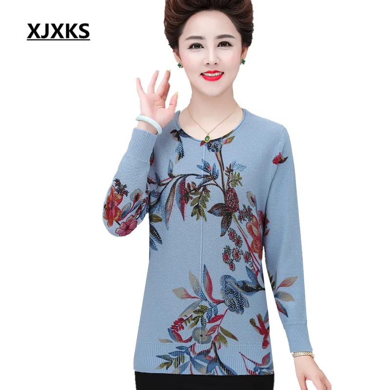 

XJXKS Exquisite printed women sweater 2019 autumn winter new high-end 100% wool loose plus size women sweater pullover