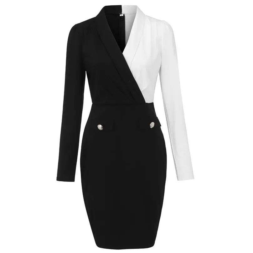New Fashion Women Dress Long Sleeve Buttons Sexy V-Neck Patchwork Bodycon Office Lady Work Black Dress Vestidos 5S26 (9)
