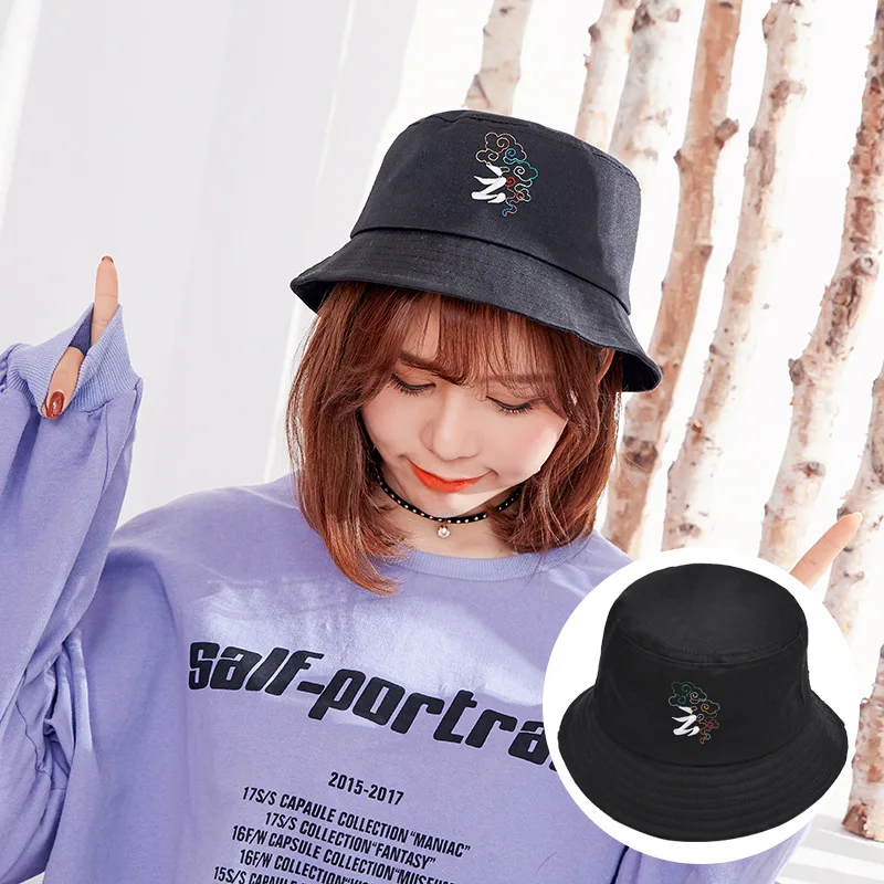 

Cool Chinese Character Embroidered Bucket Hat Unisex Fashion Autumn And Winter Literature And Art Versatile Bucket Hat Outing Su