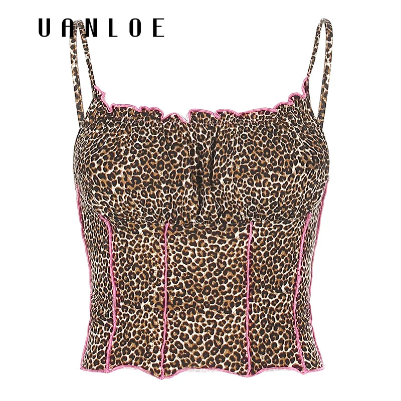 

Leopard Ruched Strapless Women Tee Frill Summer Spaghetti Strap Backless Crop Top Sexy Retro 90s Streetwear Female Camis