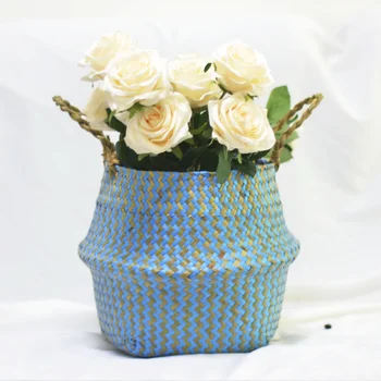 

Home Storage Blue Plaid Storage Basket White Hair Ball Straw Basket Middle Storage Basket Organizer