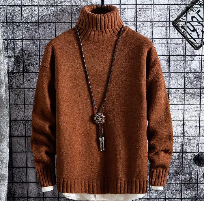 caramel colour Высокое качество мужской s водолазка зимний свитер мужской свободный длинный рукав шерстяной вязаный пуловер мужская одежда толстый теплый трико homme - Цвет: caramel colour
