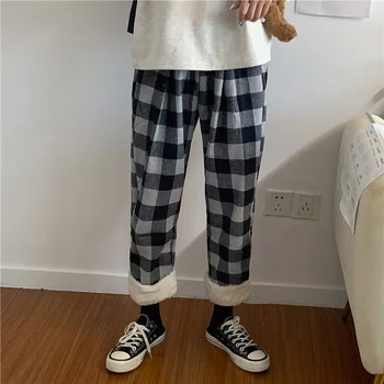 

Autumn winter New Women Plus velvet Thicken Plaid Casual pants Loose Wide leg pants Teenage girl High waist Slim Straight pants
