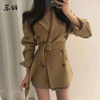 

Spring Autumn Woman slim woolen Coat Suit Jacket with belt Casual Blazer Female Tops