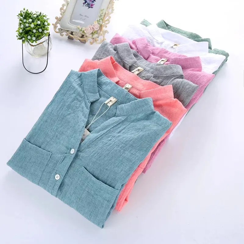 new fashion women Sunscreen shirt female 2018 summer cotton linen shirt girls loose Nine Quarter sleeve v-neck leisure bouses