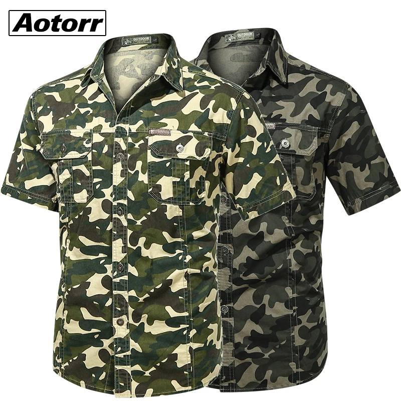 Camisa táctica de camuflaje para hombre, Tops de manga corta, camisa de combate del Ejército, camisas de trabajo de algodón para hombre, ropa de caza para senderismo al aire libre 5XL