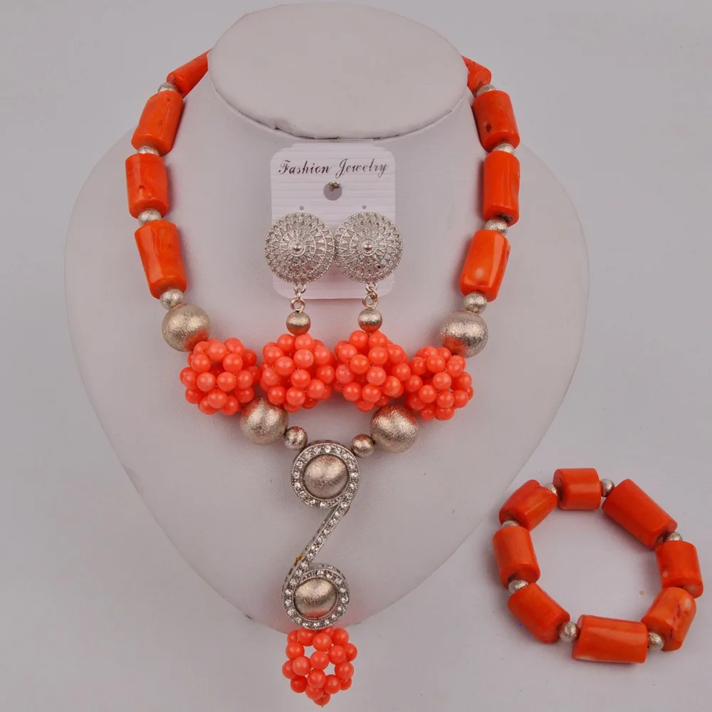 

Fashion Orange Coral Jewelry Set Nigerian Wedding African Beads Costume Necklace African Set 12-H-03