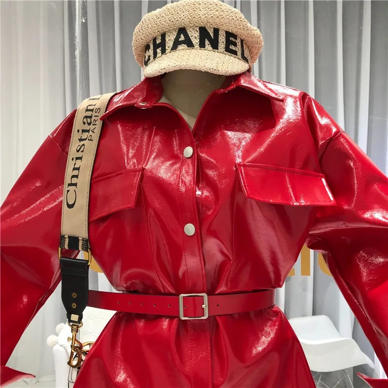 ALPHALMODA осень дизайнерский привлекательный пояс-завязывается яркая одежда из искусственной кожи средней длины пальто Женская мода PU куртка