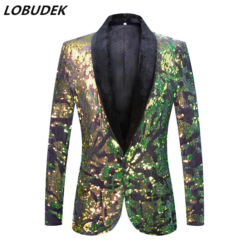 

Bar Nightclub Men Singer Glitter Sequins Blazer Gold Green Sequined Slim Fit Suit Coat Evening Party Host Stage Performance Wear