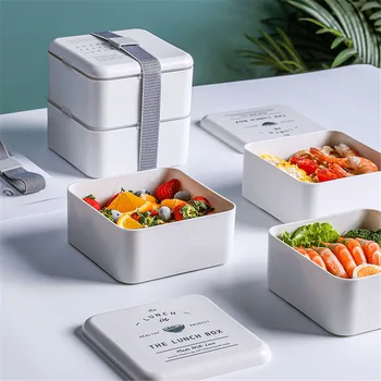 

Portable Plastic Lunch Box White Canvas Lunch Bag Microwave Dinnerware Food Container With Spoon Chopsticks Adults Kid Lunchbox