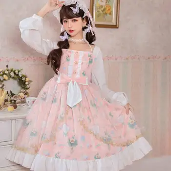 

Japanese kawaii girl pink lolita dress falbala bowknot cute printing high waist kawaii dress loli cosplay gothic lolita op