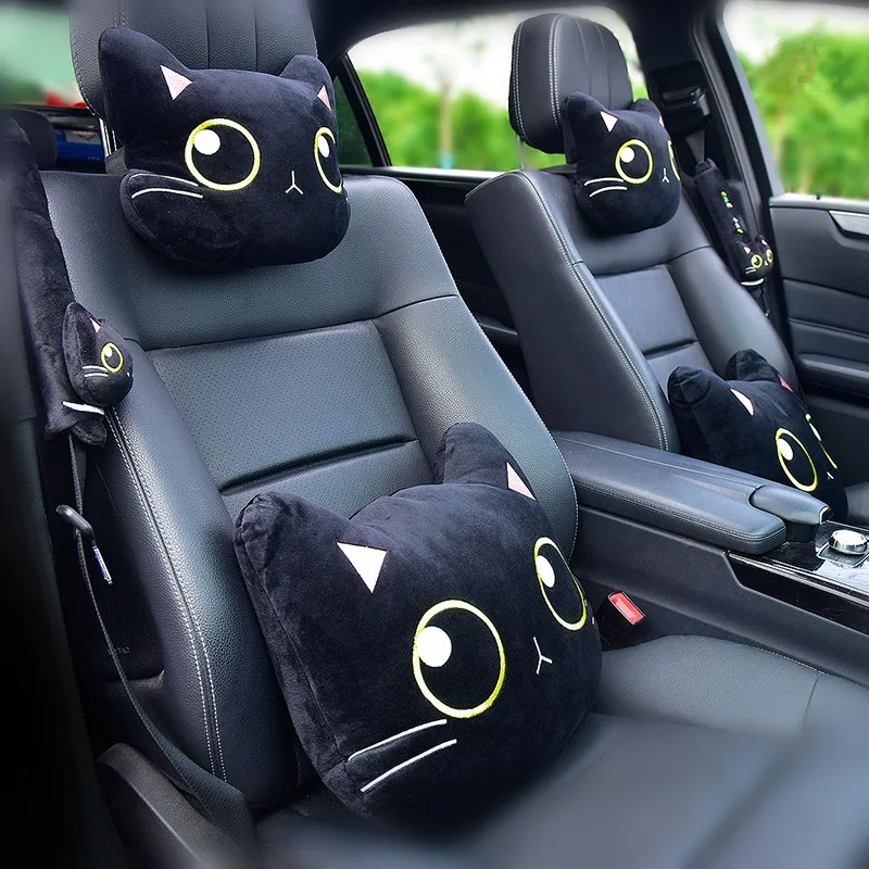 Cute Cat Car Neck Pillow Cartoon Cat Head Car Headrest Travel Cushion Seatbelt Shoulder Pads Covers Rearview Mirror Cover