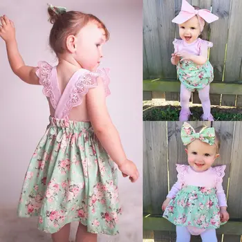

Pudcoco Sweet Baby Girls Kids 2Pcs Outfit Set Floral Print Princess Dress Lace Romper Playsuit Cute Sunsuit Headband