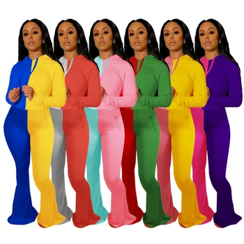 

23W8122 Autumn Winter Women Casual Sports Patchwork with Hood Two Piece Set Top and Flare Pants Tracksuit Sweatsuit Outfits