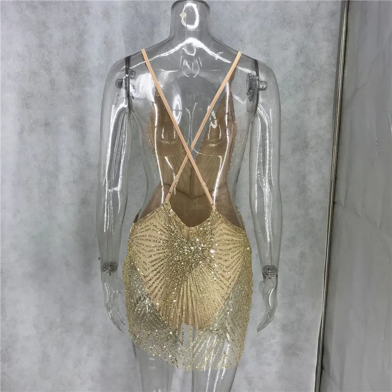 Глубокий v-образный вырез сетка Золотое блестящее платье обтягивающие наряды сексуальные женские платья Спагетти ремень Клубные вечерние женские без рукавов летнее платье