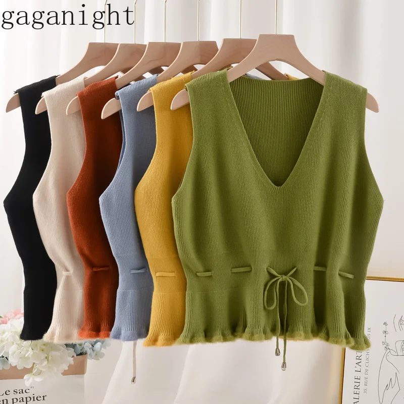 

Gaganight Knitted Solid Women Crop Tops New Spring Autumn Drawstring Slim Office Lady V Neck Tank Top Korean Cropped Cozy Vest