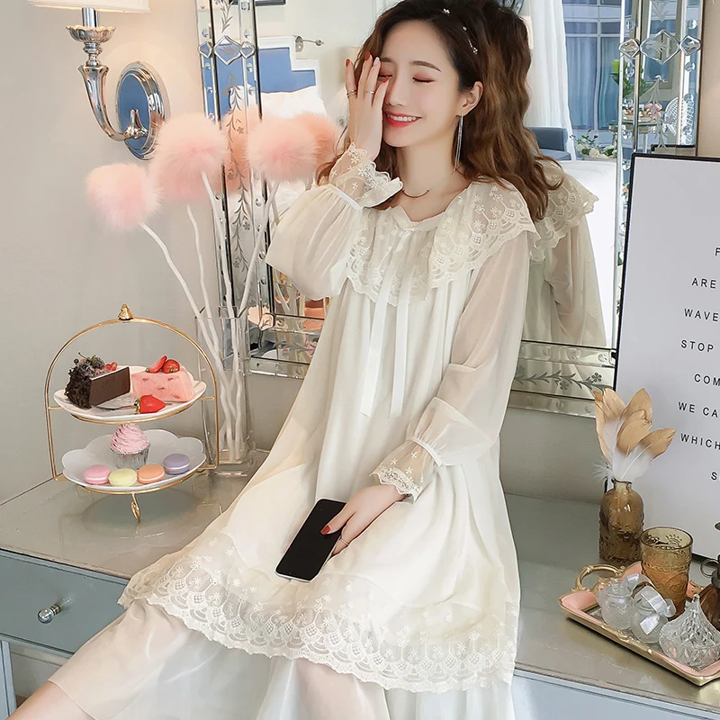 

Silka Surplus Women's Nightgowns Lace Long Sleepwear Elegant Female Autumn White Night Dress Home Clothes Lounge Wear
