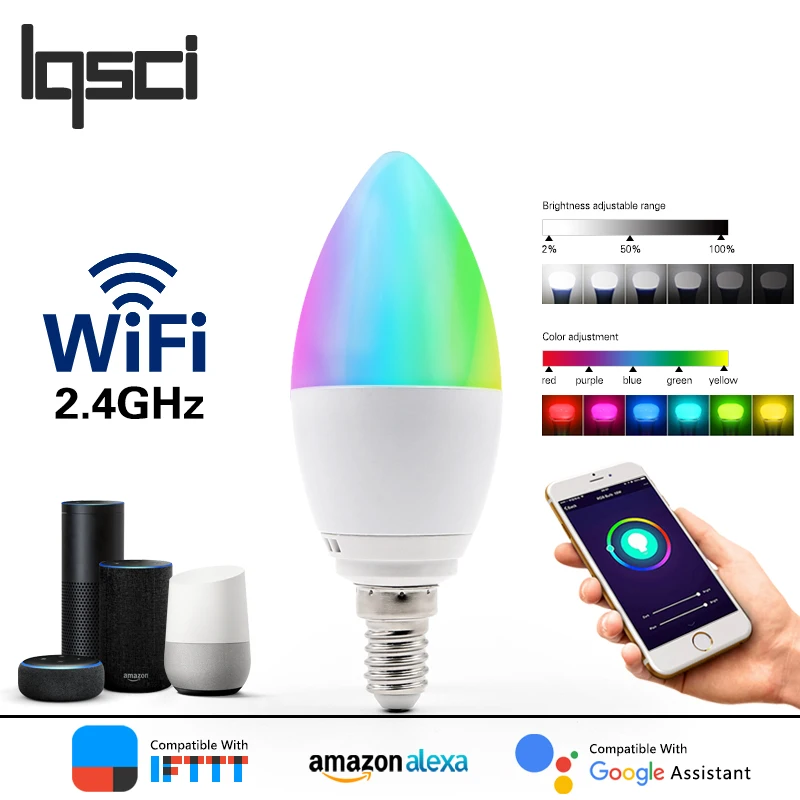 

WiFi Smart Bulb LED E14 AC 110V 240V 5W RGB+WW+CW Voice Remote App Control work with Alexa Google Home