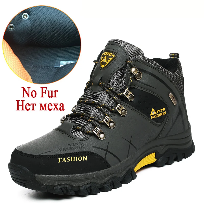 Брендовые мужские зимние ботильоны, меховые теплые мужские зимние ботинки, качественные Водонепроницаемые кожаные кроссовки, мужские походные ботинки 39-47 - Цвет: No Fur Green