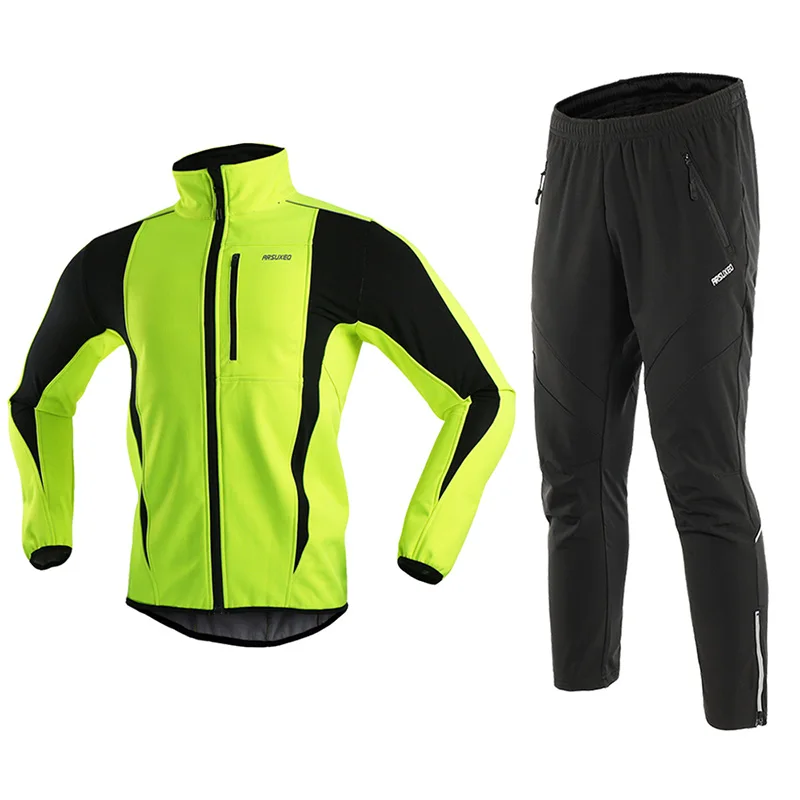 ARSUXEO, Мужская зимняя велосипедная куртка, комплект, ветрозащитная, водонепроницаемая, термальная спортивная одежда, велосипедные штаны, брюки, велосипедная одежда, костюмы 15kk - Цвет: 15kgreen18Z