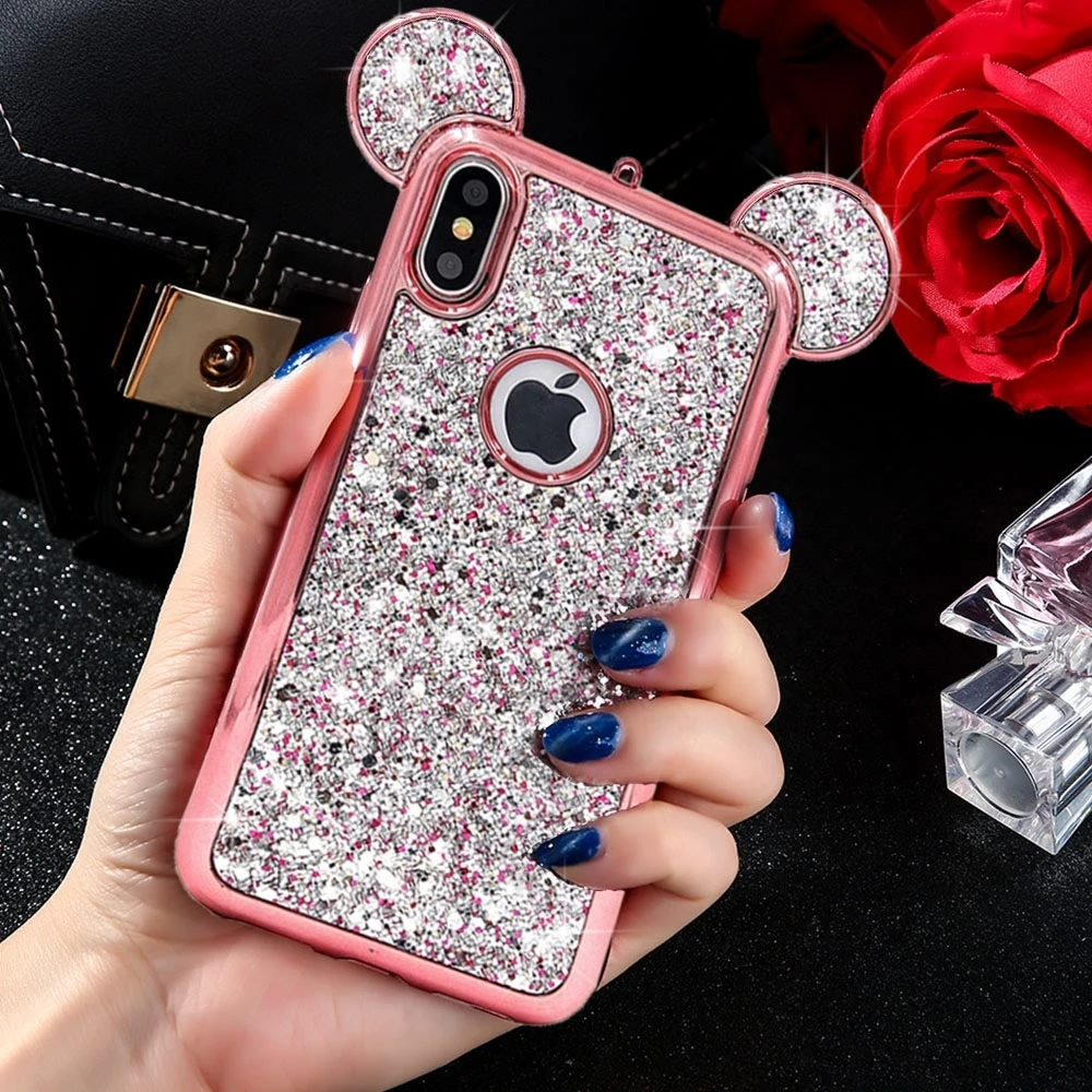 LAPOPNUT Bling Glitter Cover Diamond 3D Mouse Ears Slim Plating Phone Case for IPhone 11 Pro Xs Max X Xr 8 7 Plus 6 6s 5 5S SE | Мобильные