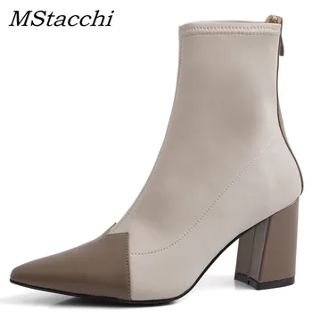

MStacchi New Women Elegan High Heel Botimes Mujer 2020 Autumn Genuine Leather Ankle Shoes Woman Pointed Toe Zipper Stretch Boots