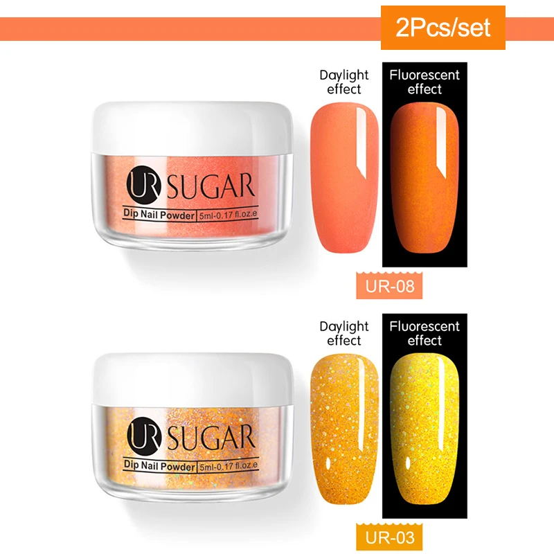 2Pcs set 3 UR сахар неоновые, флюоресцентные погружения для ногтей, порошковый набор голографическая Dip ногтей Блеск порошок пигмент, нейл-арта украшения натуральный сухой - Цвет: 2Pcs set 3