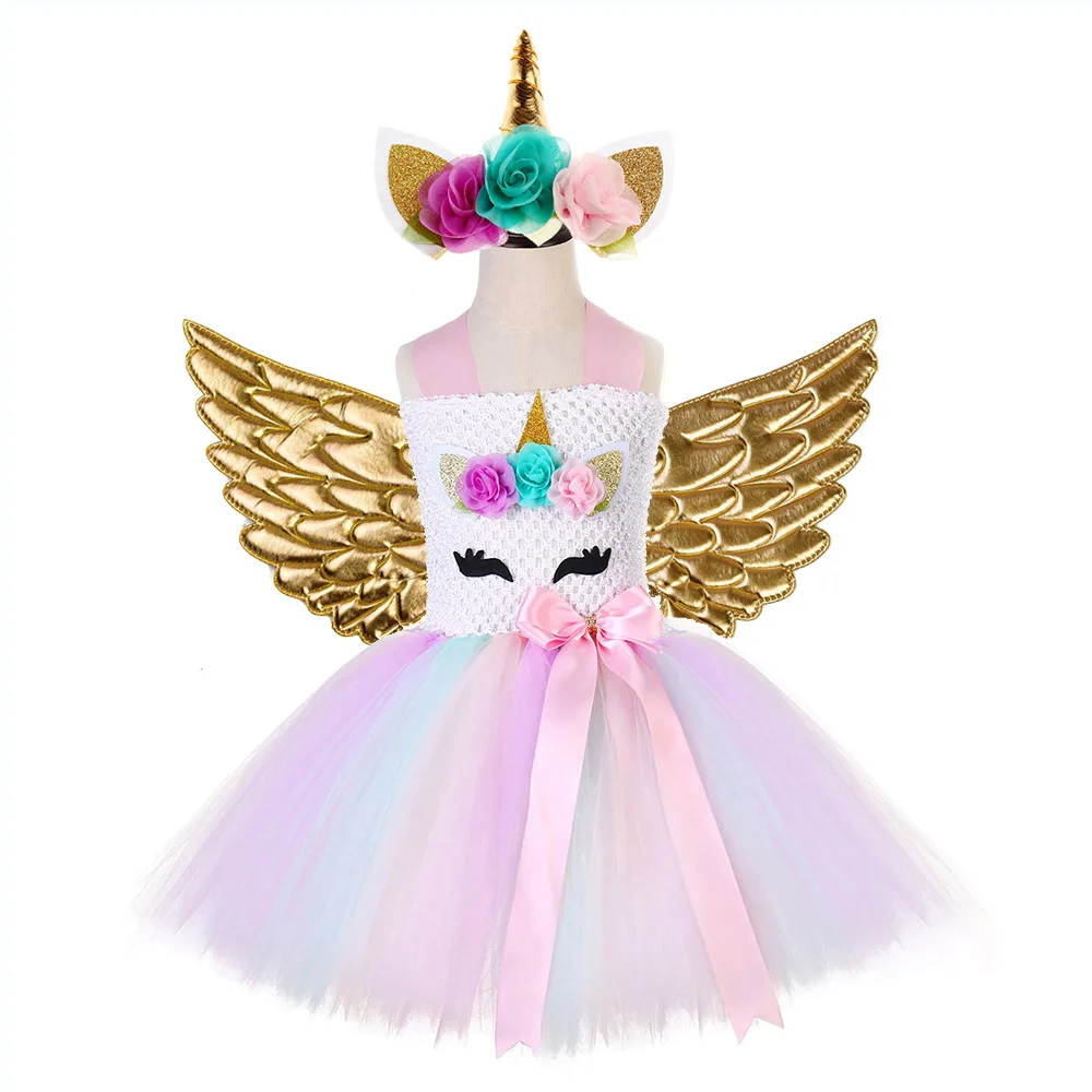 Unicorn Dress Set 21 Радуга Принцесса Дети Единорог Платье Девочка Единорог Рождество Пачка Платье Девочка Цветочная вечеринка Платье с единорогом Набор из обруча и крыльев - Цвет: Unicorn Dress Set 21