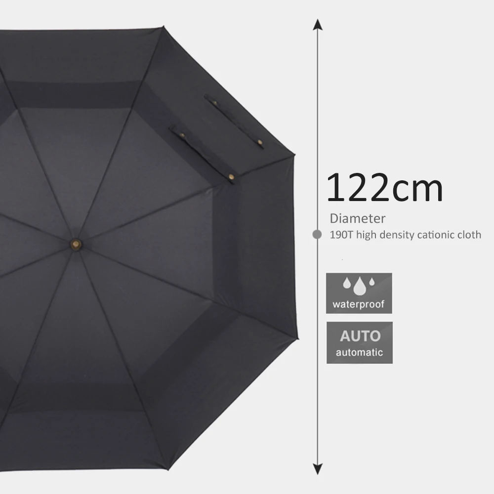 Большой длинный мужской деловой Зонт 122 см, двухслойный Ветрозащитный Зонт с деревянной ручкой для гольфа, большие зонты от дождя, 8 ребер, крепкий мужской зонт