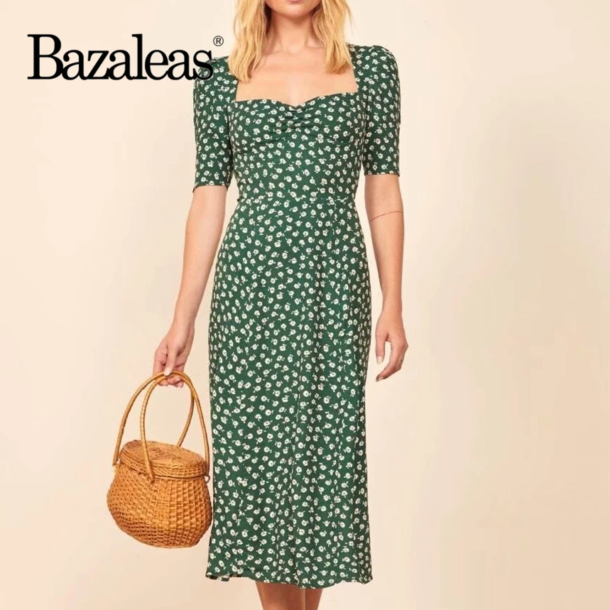 Bazaleas Винтаж vestidos ретро короткий рукав вечернее платье Элегантное ropa mujer Франция зеленый цветочный принт женское миди платье