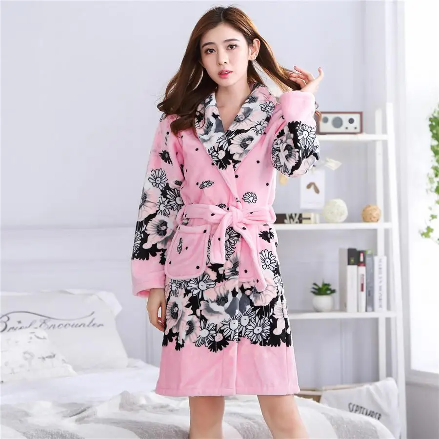 Ночная рубашка; зимнее кимоно; большие размеры; ночная рубашка из кораллового флиса; одежда для сна; теплая Домашняя одежда; женский халат; Фланелевое Неглиже - Цвет: Pink5