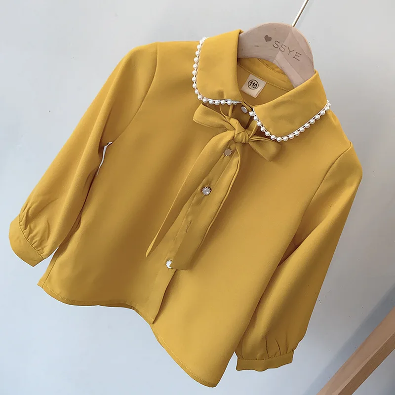 Little Girl's Chiffon Long Sleeve Shirt Autumn New Solid Casual Style Loose Shirt with Pearl Blouse Shirts Elegant - Цвет: yellow