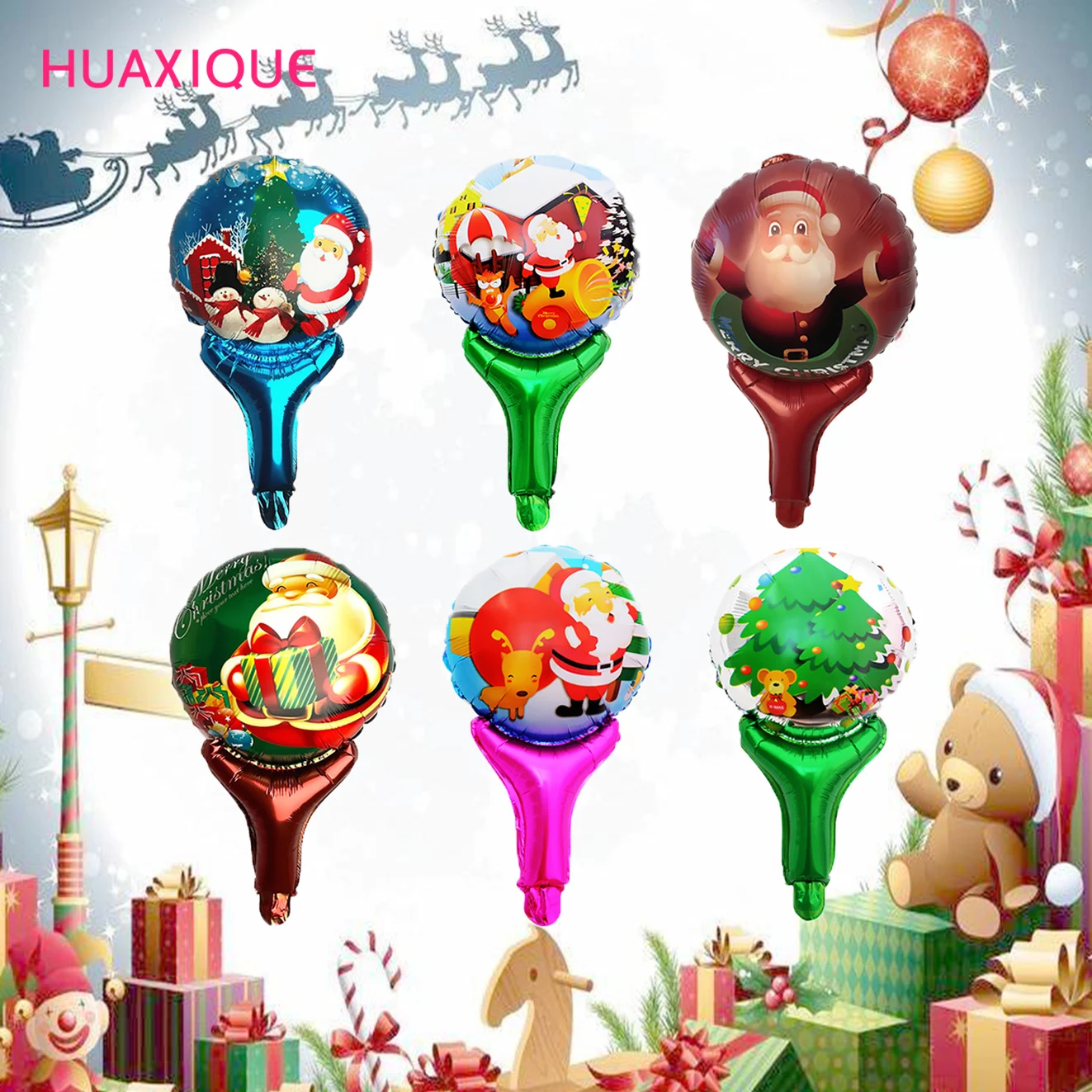 

6pcs Merry Christmas Decoration Hand Stick Balloon Christmas Aluminum Film Balloon Cheering Stick Balloon Kids Gift Toys