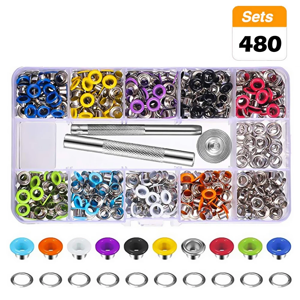 

480PCs Snap Fasteners Tool Kit Metal Grommets Kit 12 Colors 3/16 Inch Eyelets Kits For Shoes Clothes Crafts Bag DIY Handmade