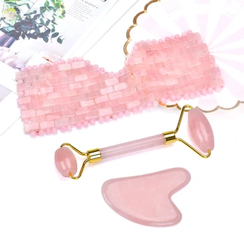 

Rose Quartz Jade Eye Mask Jade Roller Guasha Board Set Natural Stone Scraper Face Lift Roller Facial Cooling Tools