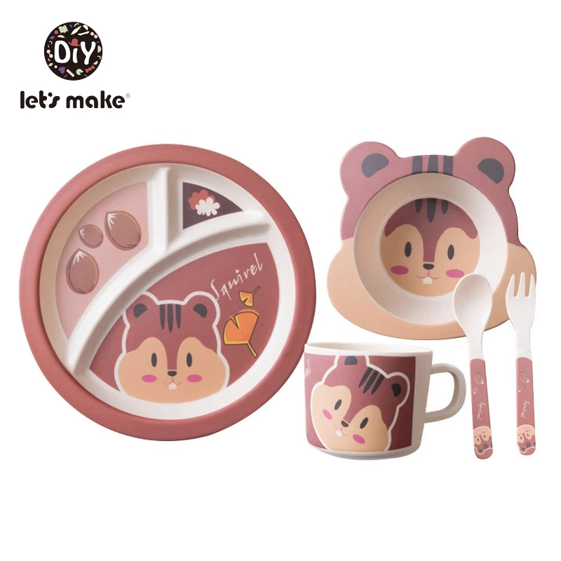 Let's Make Bamboo детская столовая утварь для кормления Мультяшные животные детские блюда тарелка миска Ложка Вилка чашка Bph детская посуда набор - Цвет: Squirrel