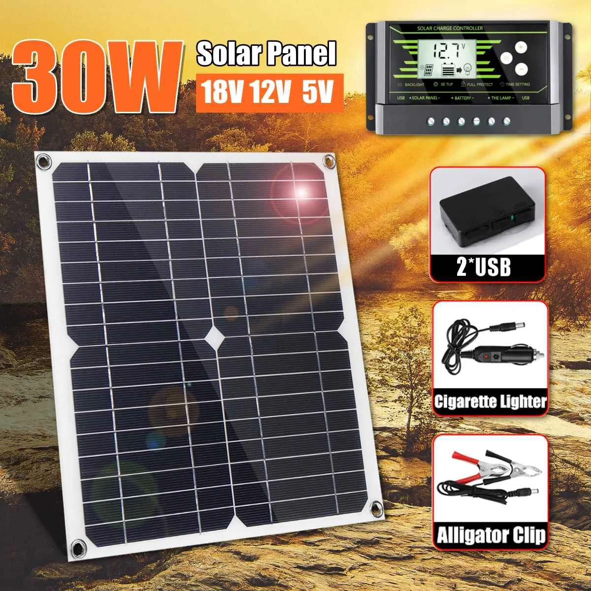 NEW 30W 12V Mono Solar Panel USB Battery Charger Power Bank For Mobile Phone Camping Charger Ultra Thin High Efficiency