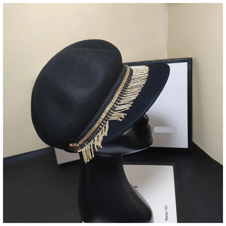 01908-jiejia- черная шерсть теплая бахрома из цепочек модная дамская уличная восьмиугольная шляпа женская шапочка для отдыха оптом