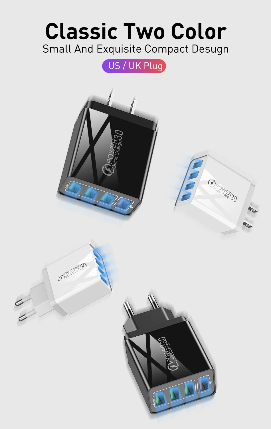 GTWIN USB Зарядное устройство Быстрая зарядка путешествия зарядное устройство для мобильного телефона Быстрая зарядка от сети стандарта ЕС, США, Великобритании США QC 3,0 переходник для iPhone huawei Коврики 30 Pro