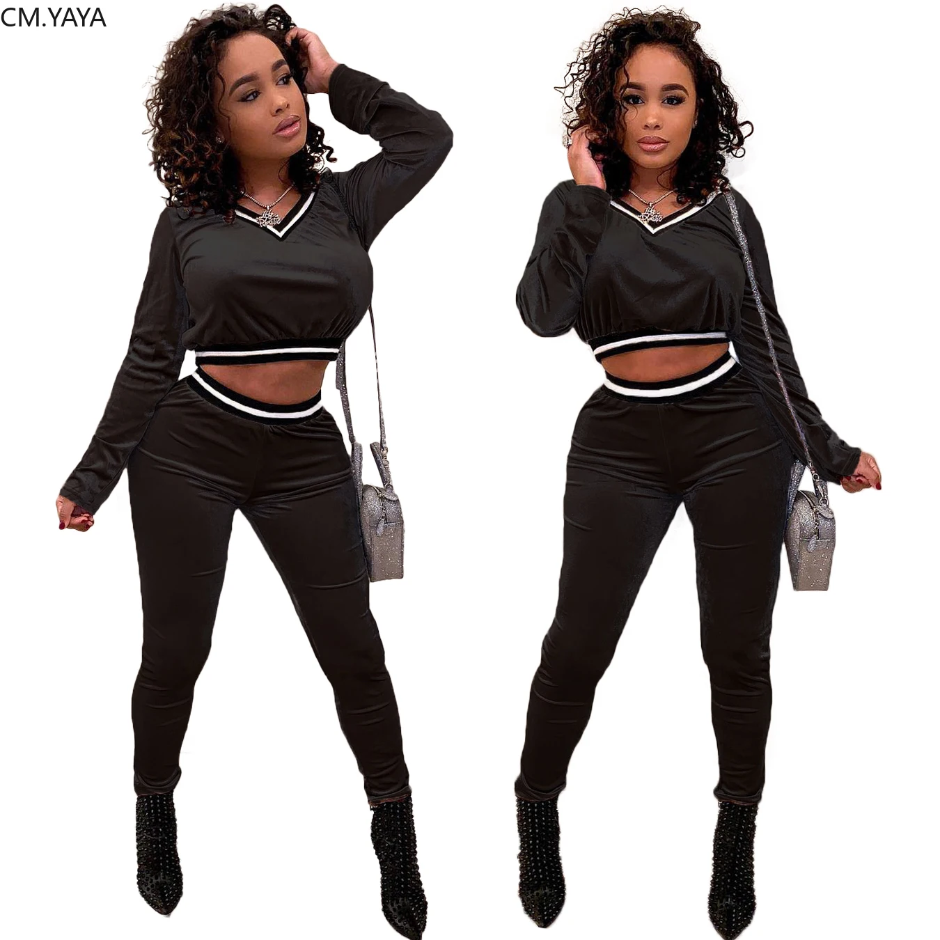 

2 Piece Set Womens Casual Two Piece Clothes Fashion Golden Velvet Long-sleeved Exposed Navel Top High Waist Trousers Suit