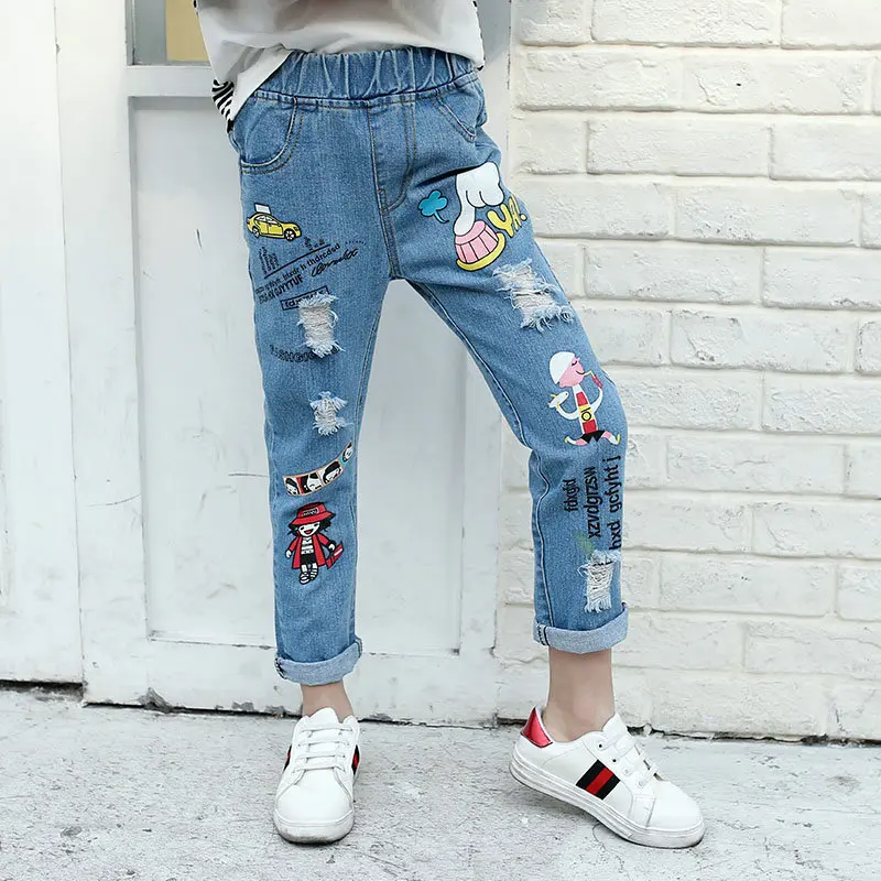 

Girls Autumn with Holes Printed Jeans 2019 New Style Children Big Boy Spring And Autumn Fashion Pants GIRL'S Pants