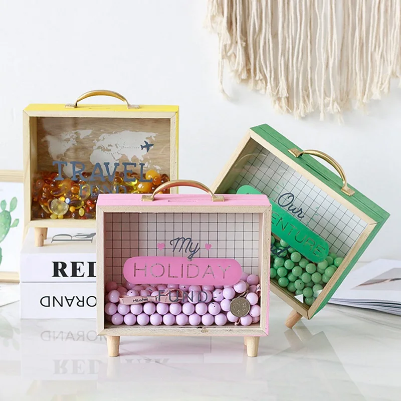 Бытовая прямоугольная настольная копилка для денег деревянная монет детей