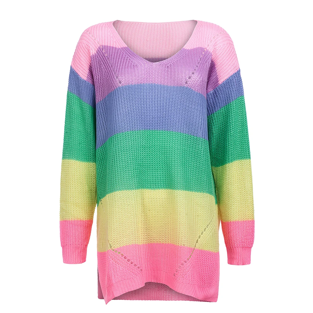 

Knit Sweater Mujer Sweet Casual Stripes Pullover Patchwork Long-sleeved Multicolor Knitting Jumper Women's Clothing Top 2019